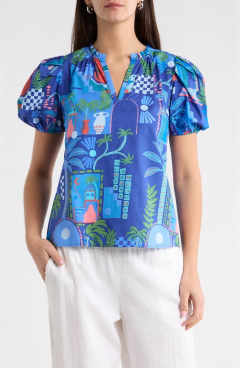 Punta Alta Berisa Split Neck Puff Sleeve Cotton Top