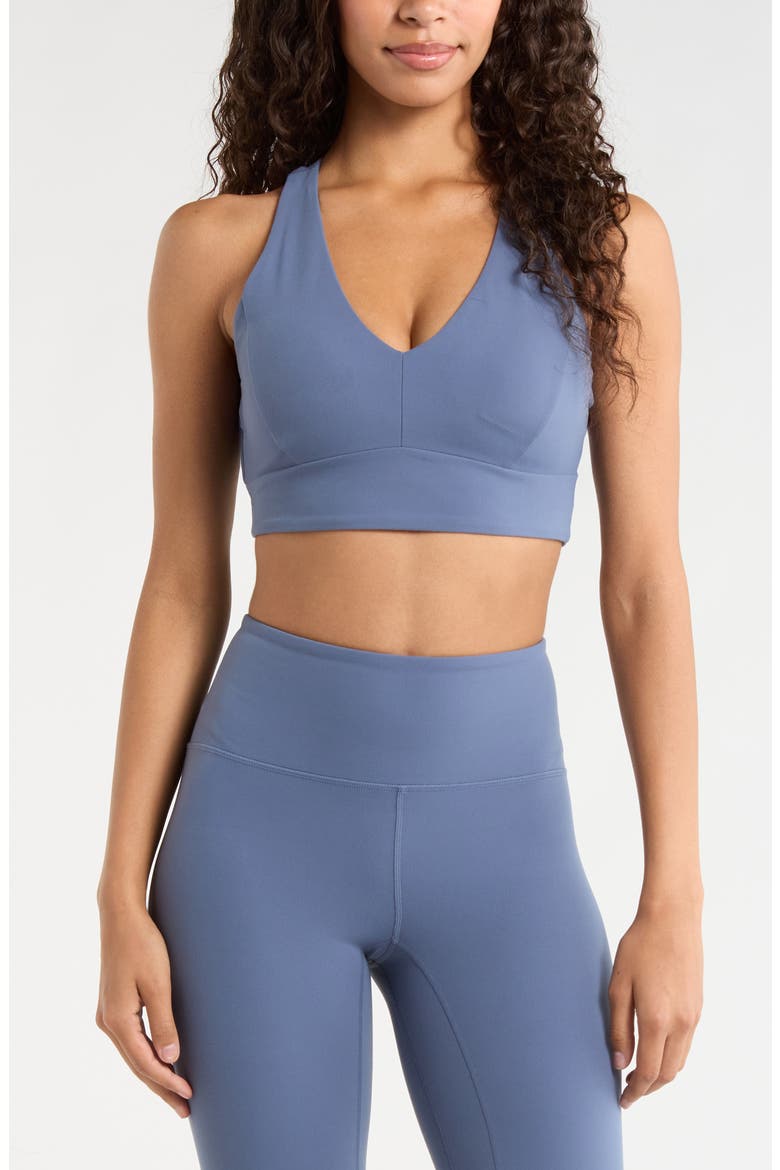 Studio Luxe V-Neck Racerback Sports Bra, Main, color, BLUE VINTAGE