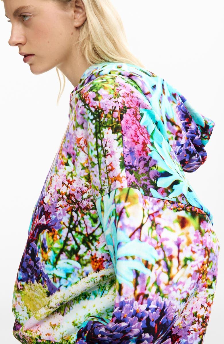 Desigual Printed Oversize Cotton Hoodie, Alternate, color, Aqua/ Green/ Black Multi