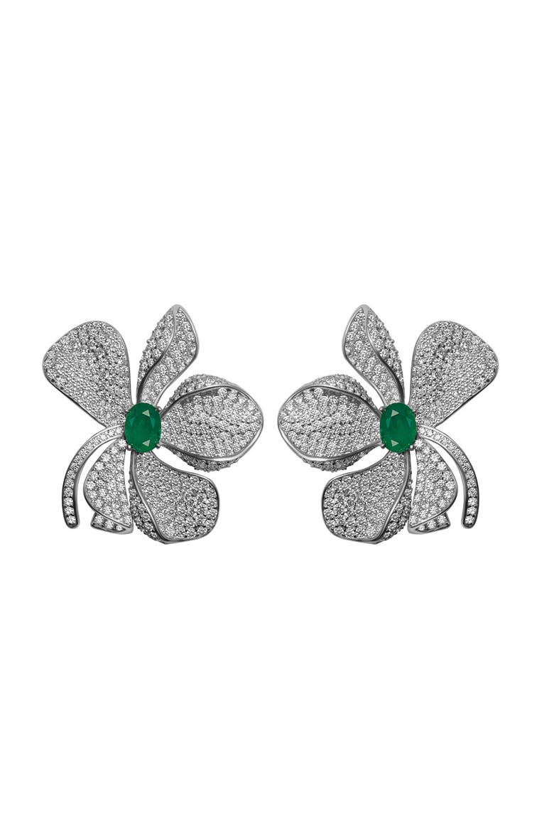 Fleur pave emerald flower earrings, Main, color, green