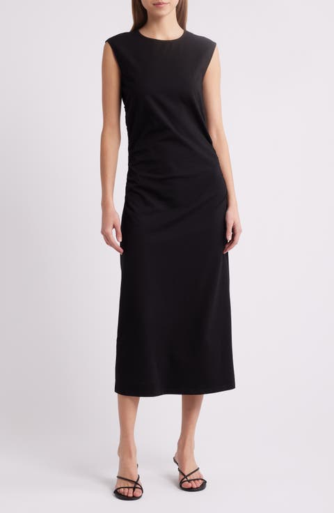 Ruched Sleeveless Stretch Cotton Midi Dress