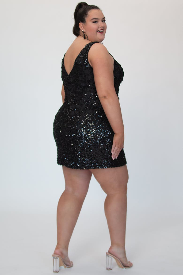 Sequin & 3D Floral Lace Mini Party Dress, Alternate, color, Onyx