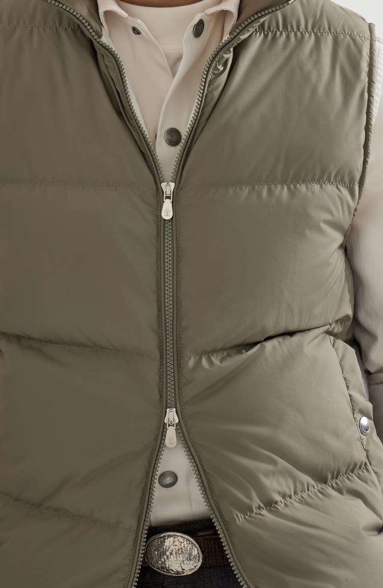 Brunello Cucinelli Lightweight techno fabric down vest with packable hood, Alternate, color, Military