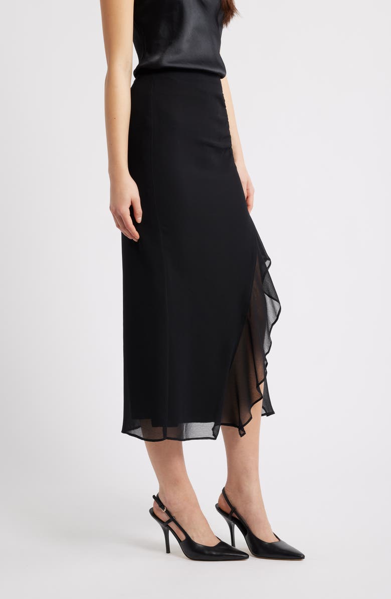Open Edit Ruffle Chiffon Midi Skirt, Alternate, color, Black