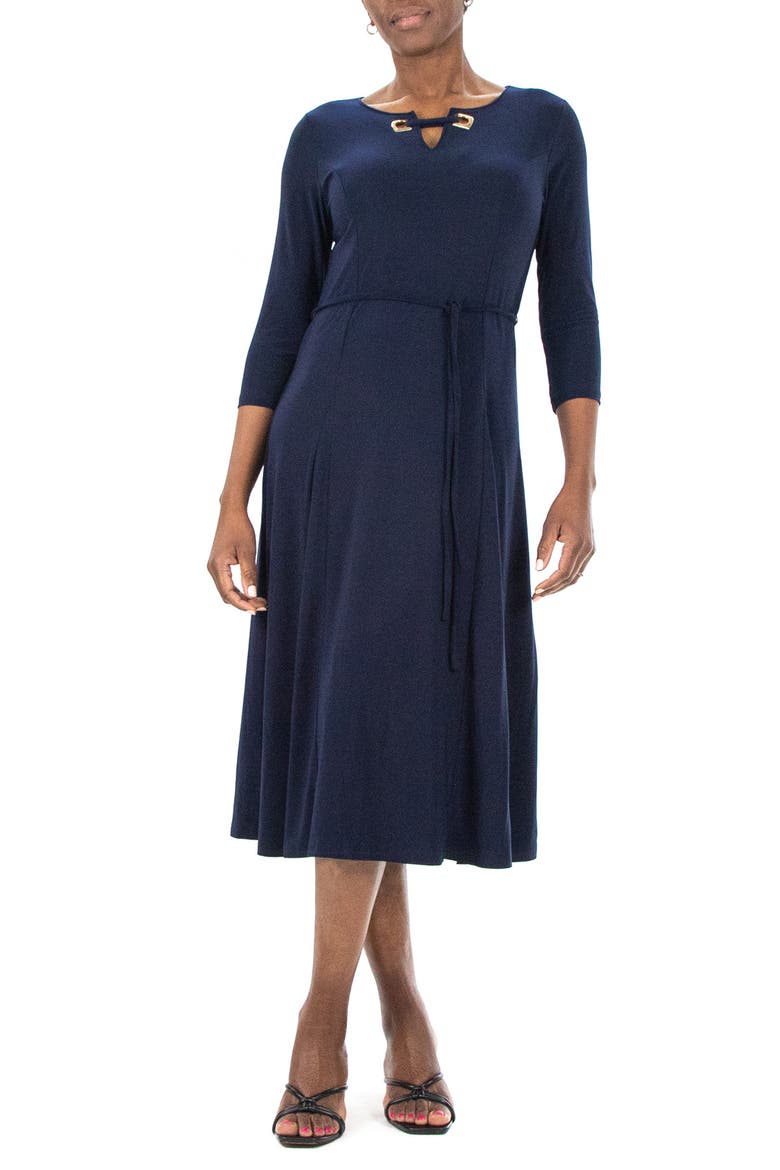 Grommet Split Neck A-Line Midi Dress, Main, color, NAVY/GOLD