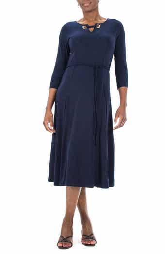 Nina Leonard Grommet Split Neck A-Line Midi Dress