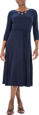 Nina Leonard Grommet Split Neck A-Line Midi Dress