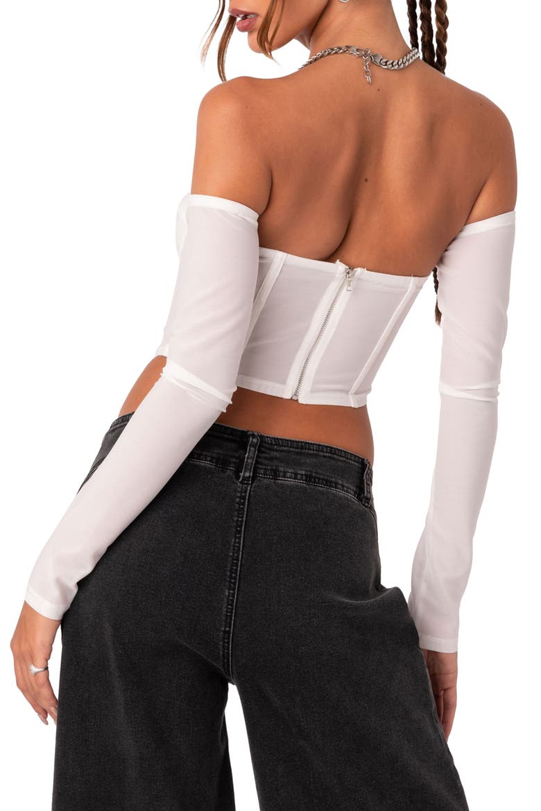 Cella Mesh Corset Crop Top with Long Sleeves, Alternate, color, WHITE