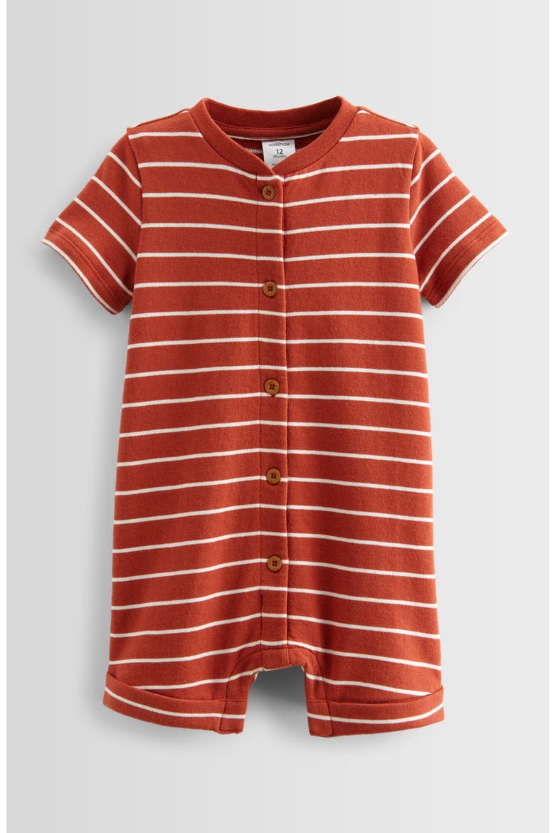 Stripe Button-Up Cotton French Terry Romper, Main, color, RUST ADOBE PICNIC STRIPE
