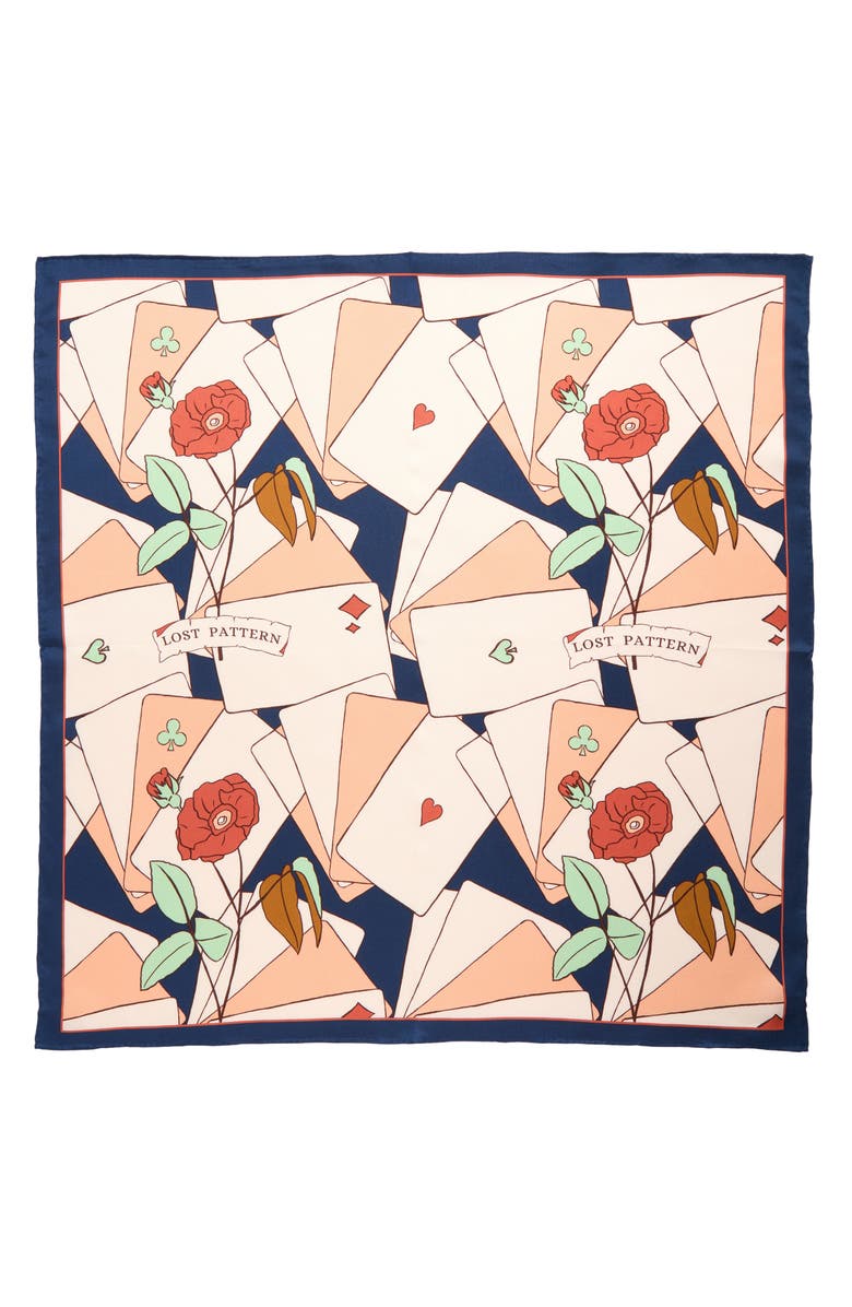 Lost Pattern Camellia Silk Square Bandana, Alternate, color, Navy