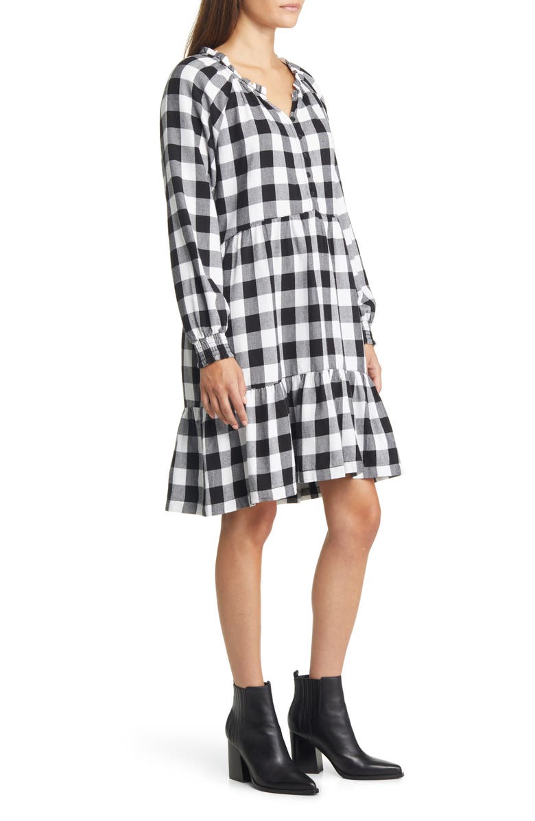 beachlunchlounge Plaid Ruffle Hem Long Sleeve Dress, Alternate, color, 