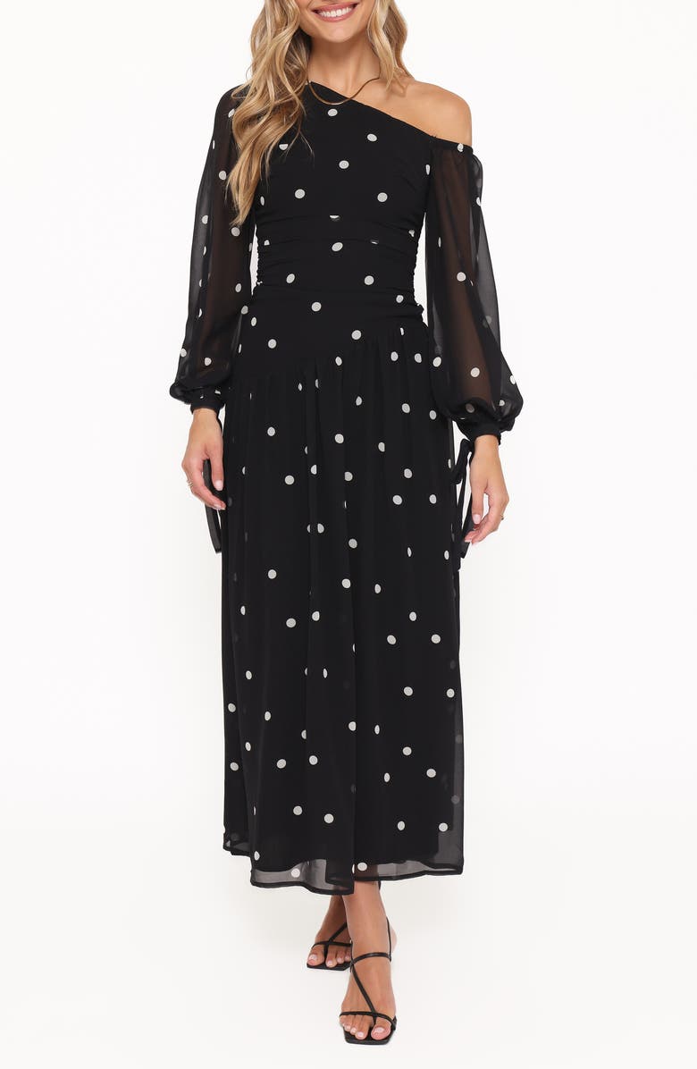 Petal & Pup Levine One-Shoulder Maxi Dress, Main, color, Black Polka Dot