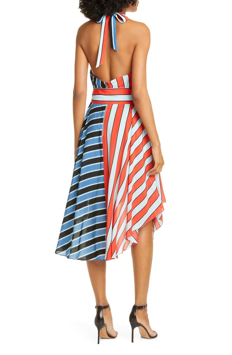 Alice + Olivia Canton Mix Stripe Halter Neck Handkerchief Hem Silk Dress, Alternate, color, 
