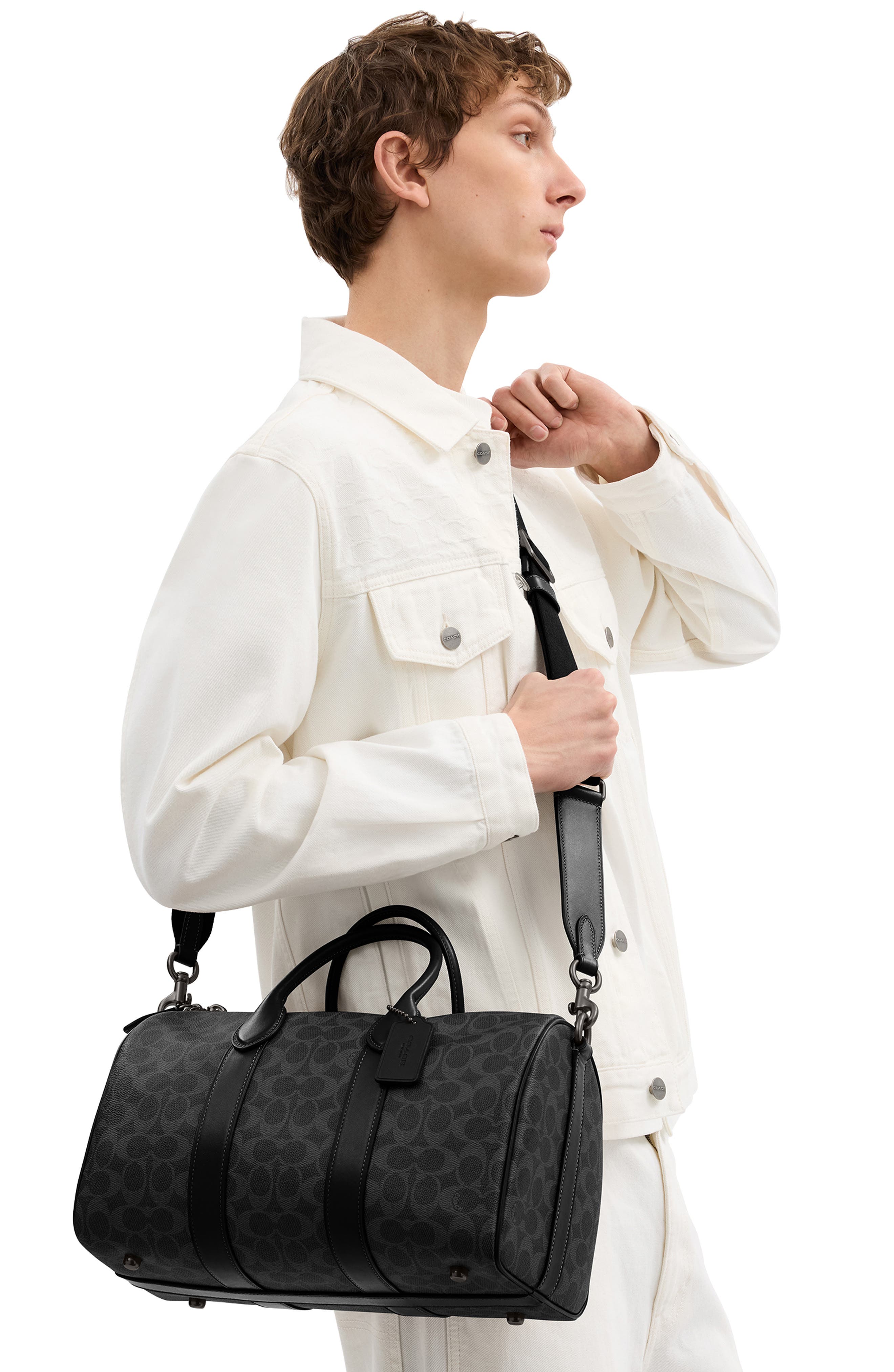 COACH Compass Signature 35 Coated Canvas Duffle Bag, Alternate, color, Black Signature