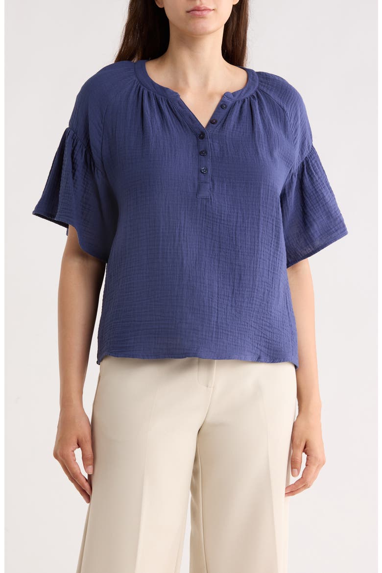 Flutter Sleeve Cotton Gauze Henley, Main, color, NAVY TIME