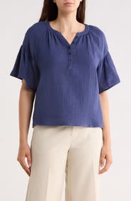 Trove New York Flutter Sleeve Cotton Gauze Henley