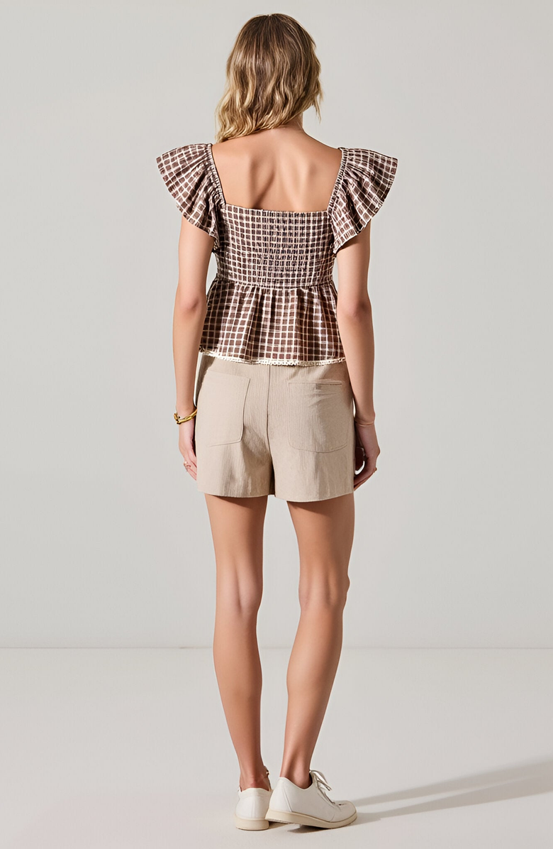 Modenaire Gingham Peplum Top with Flutter Sleeves and Front Tie Detail, Alternate, color, Gingham