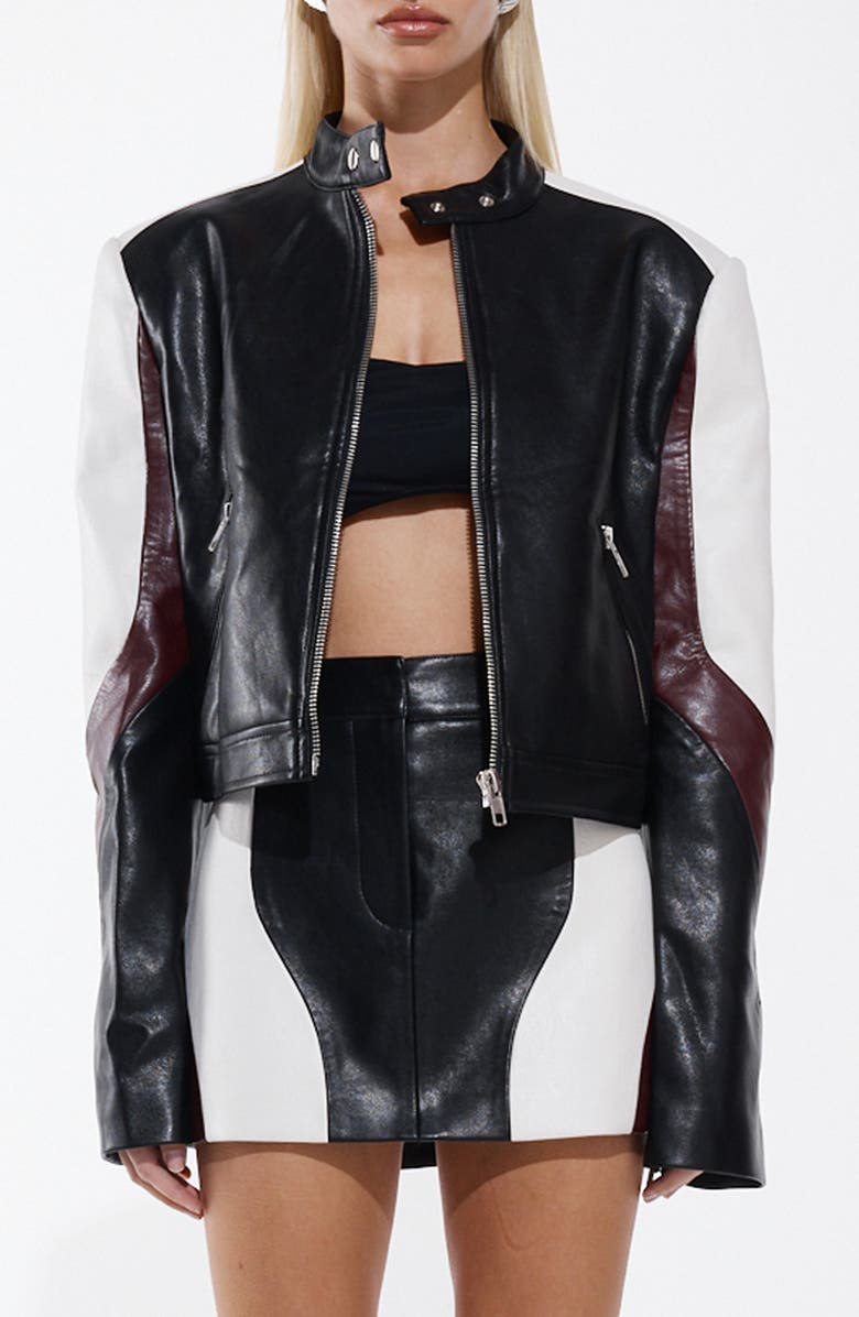BY.DYLN Rhiannon Colorblock Faux Leather Biker Jacket, Main, color, Black