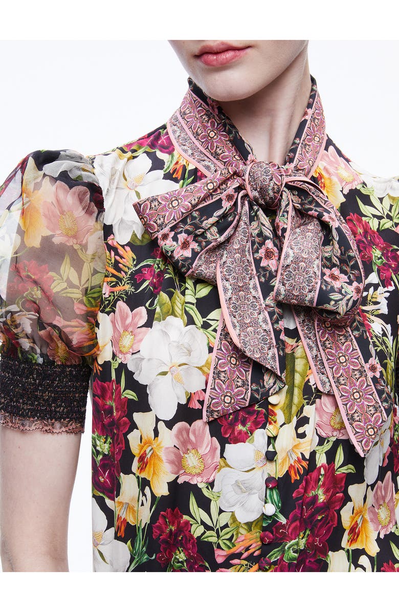Alice + Olivia Brentley Floral Tie Neck Puff Sleeve Top, Alternate, color, 