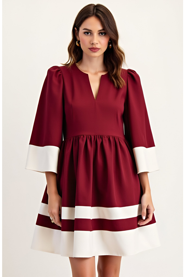 Fit and Flare Mini Dress with Contrast Cuff, Hemline and Notch Neck, Main, color, Burgundy