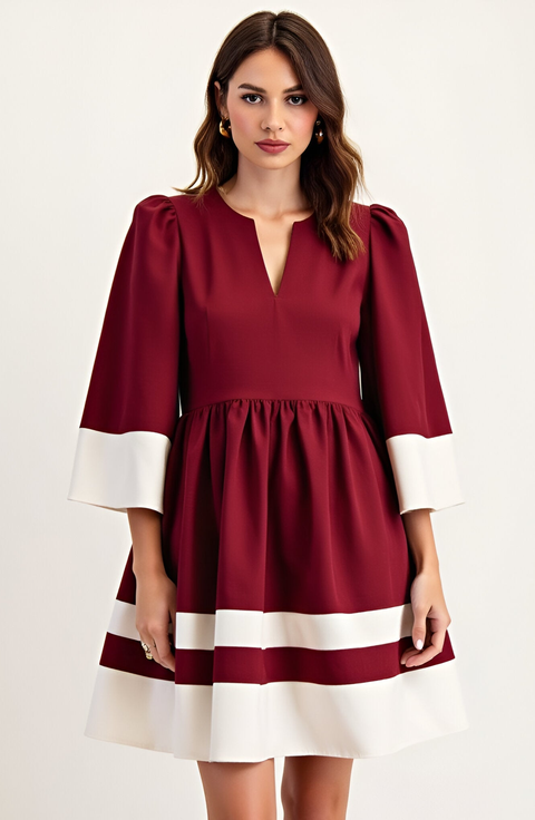 Fit and Flare Mini Dress with Contrast Cuff, Hemline and Notch Neck