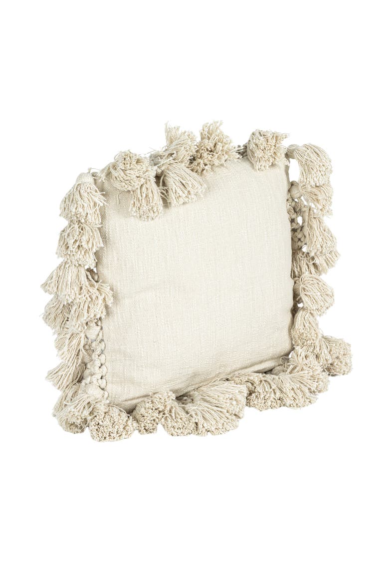 Cotton Slub Pillow with Crochet and Tassels, Cream, Main, color, Cream