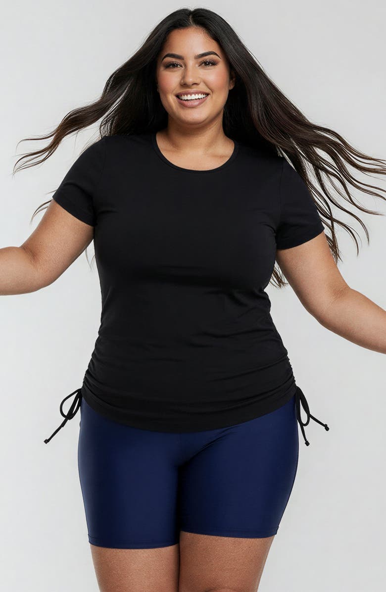 Calypsa Plus Size Short Sleeve Adele Swim Top and Navy Mid-Thigh Swim Shorts Set, Main, color, Black