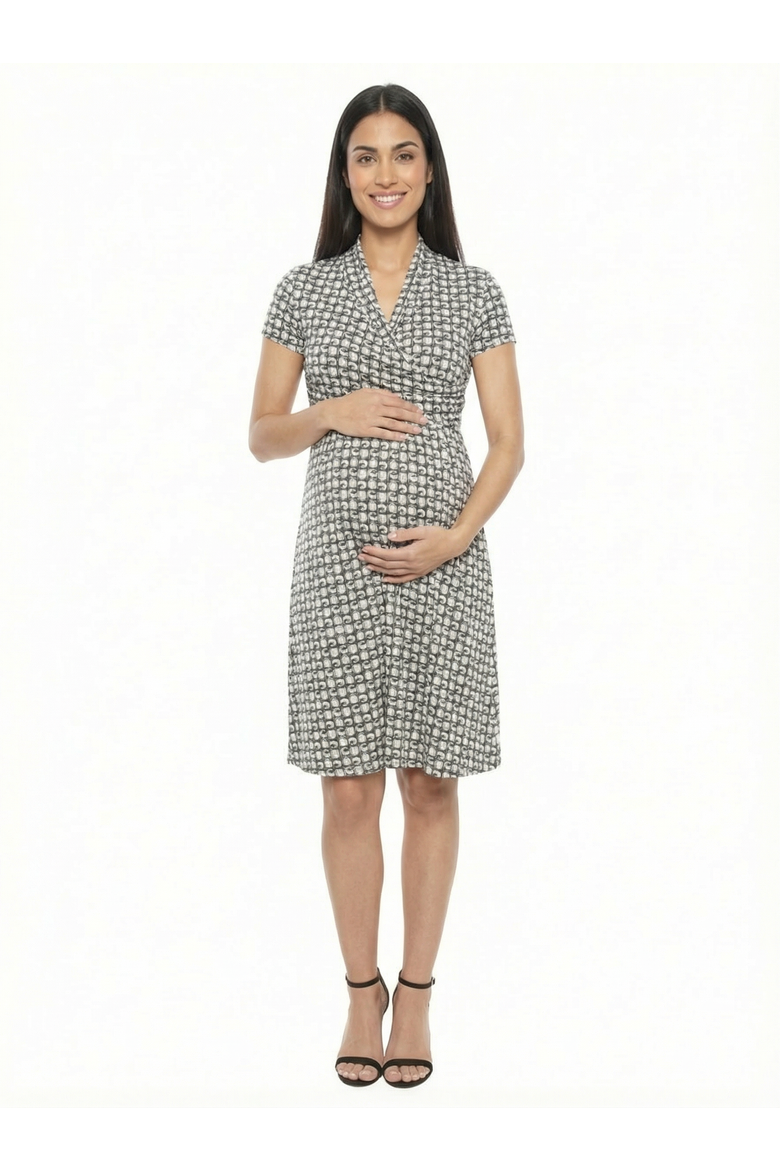 Maternity Geometric Short Sleeve Faux Wrap A-Line Dress, Main, color, Black Multi