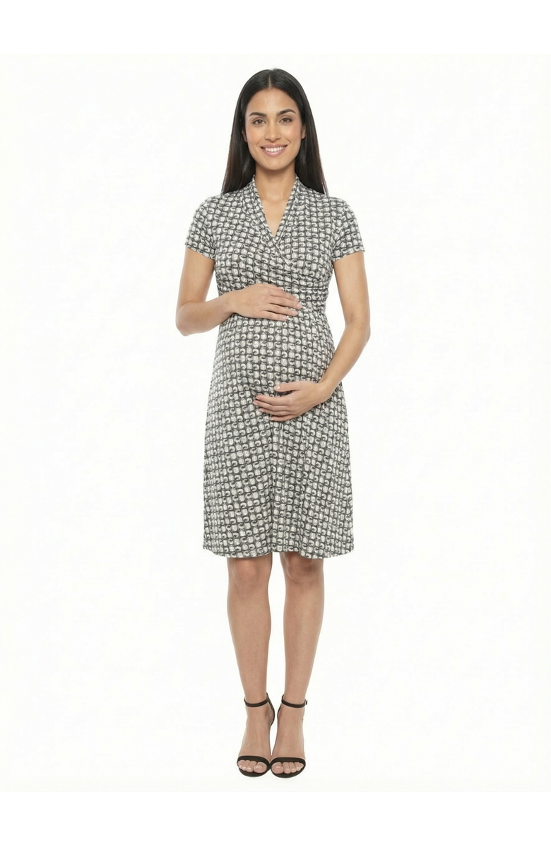 24seven Comfort Apparel Maternity Geometric Short Sleeve Faux Wrap A-Line Dress, Main, color, Black Multi