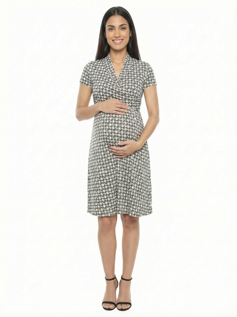 Maternity Geometric Short Sleeve Faux Wrap A-Line Dress