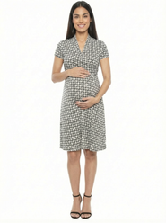 24seven Comfort Apparel Maternity Geometric Short Sleeve Faux Wrap A-Line Dress