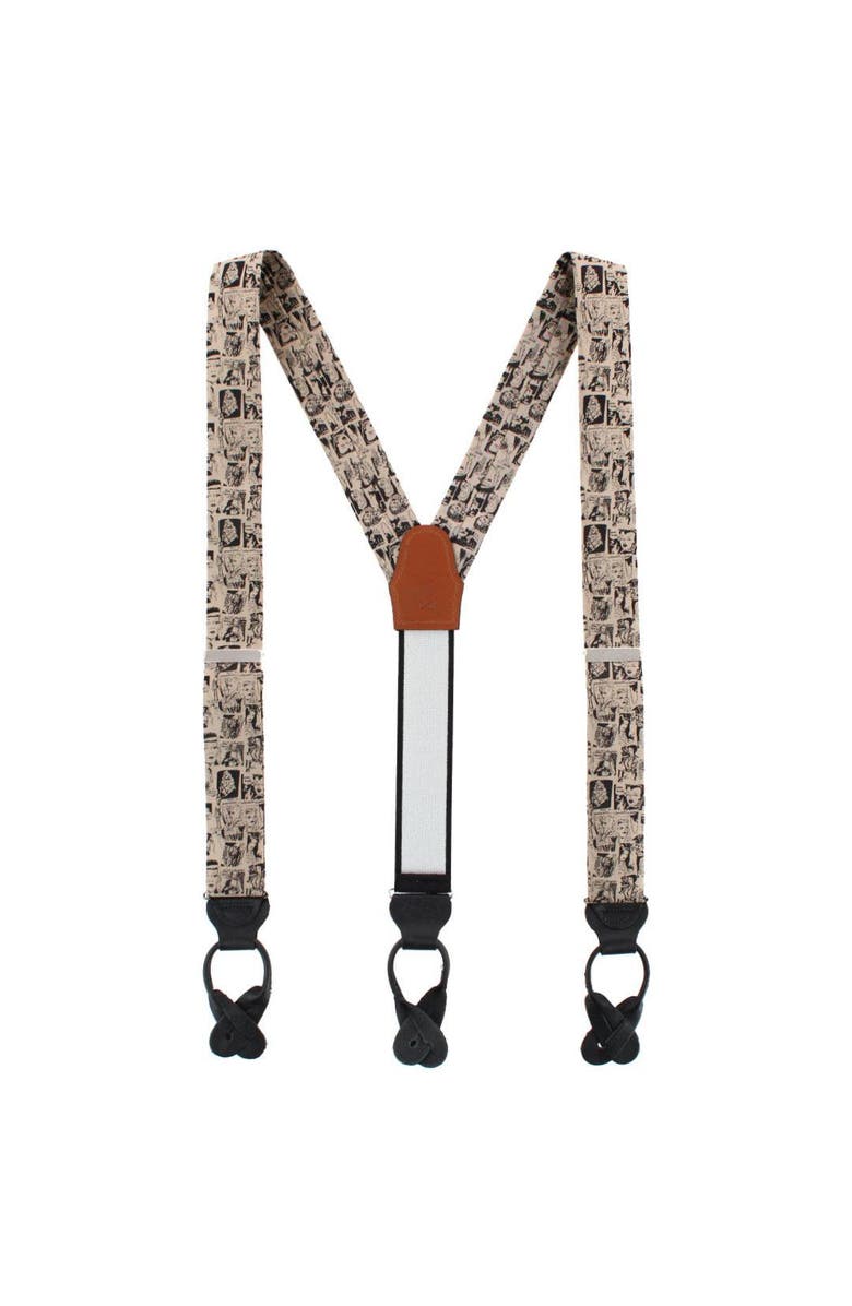 Trafalgar Vintage Comic Art Novelty Silk Button End Suspenders, Alternate, color, Taupe
