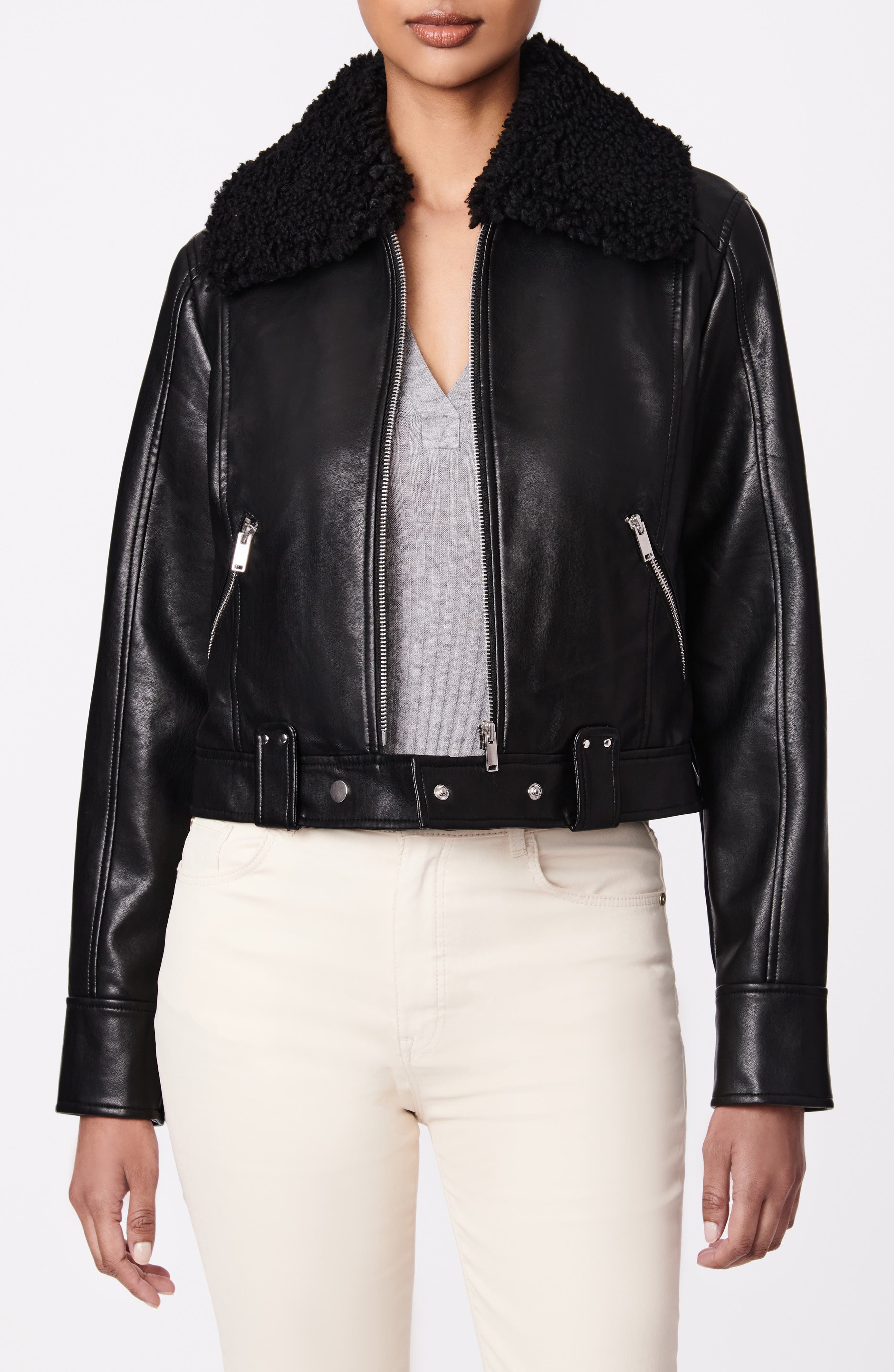 Faux Shearling Collar Crop Faux Leather Jacket