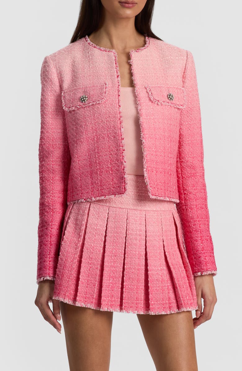 Alice + Olivia Dumont Fringe Trim Ombré Tweed Jacket, Main, color, 