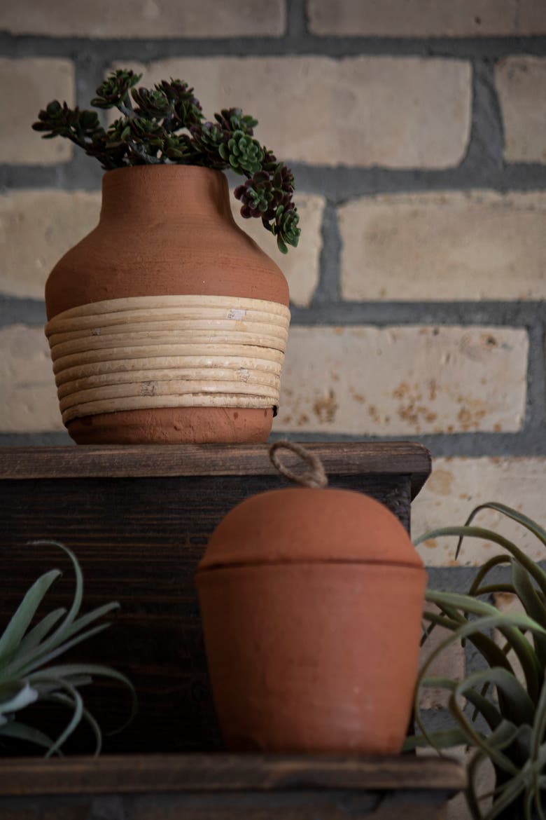 Natural Handthrown Terracotta & Rattan Bud Vase, Alternate, color, Brown