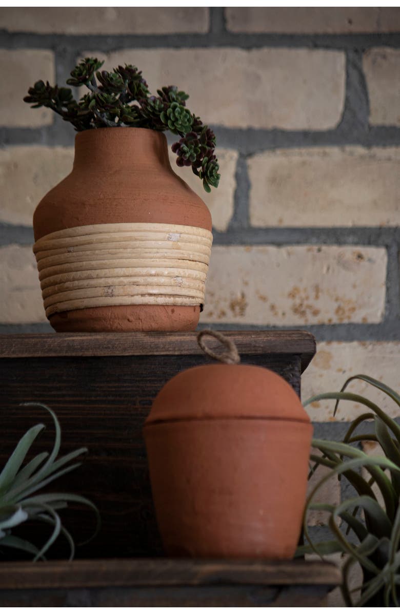 Foreside Home and Garden Natural Handthrown Terracotta & Rattan Bud Vase, Alternate, color, Brown
