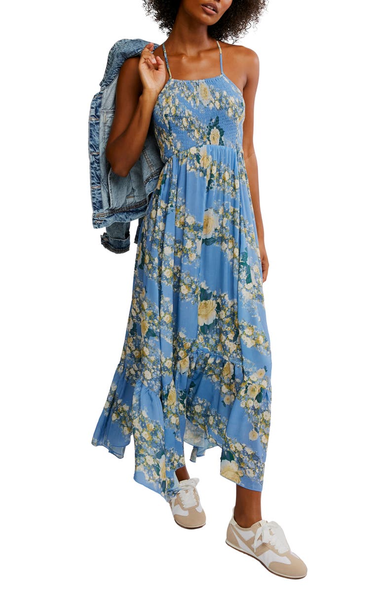 Free People Heat Wave Floral Print High/Low Dress, Main, color, Allue Blue Combo
