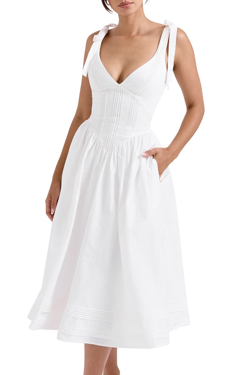 HOUSE OF CB Hattie Lace-Up Stretch Cotton Blend Corset Midi Dress, Alternate, color, White