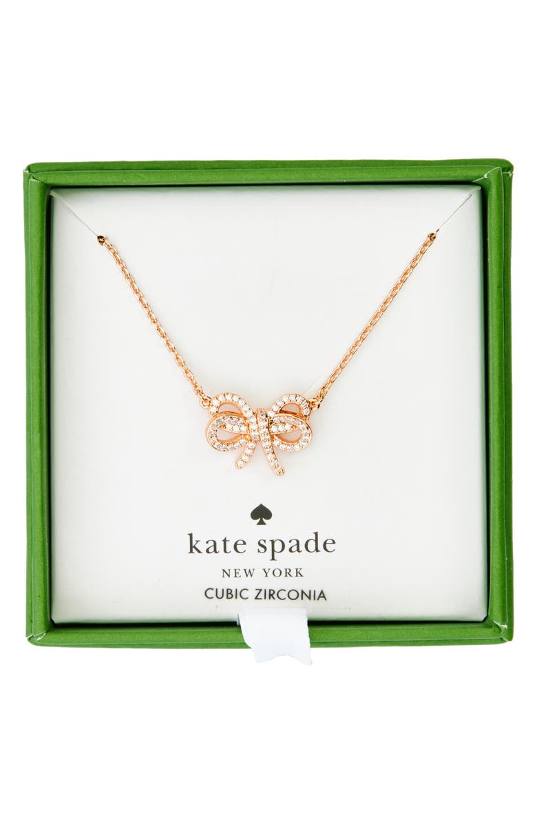 Kate Spade New York bow meets girl pavé cubic zirconia pendant necklace, Main, color, Clear/ Rose Gold