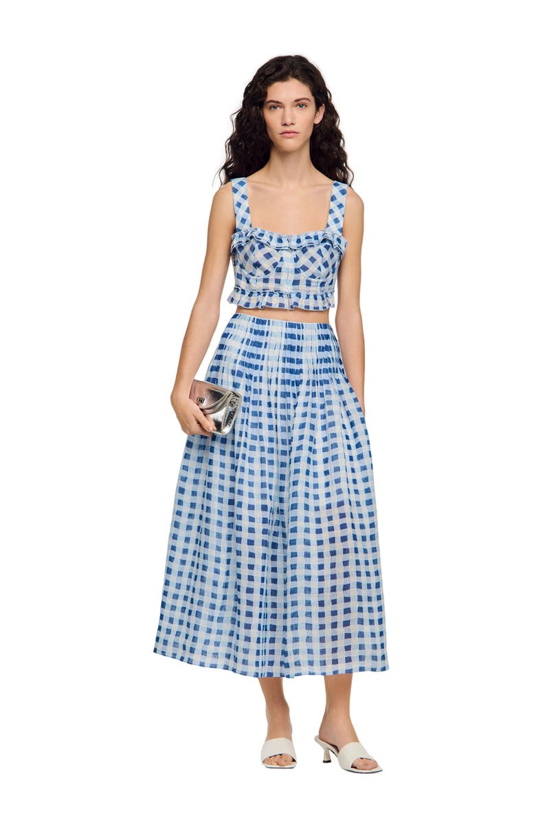 SANDRO Long gingham linen skirt, Alternate, color, Blu / White