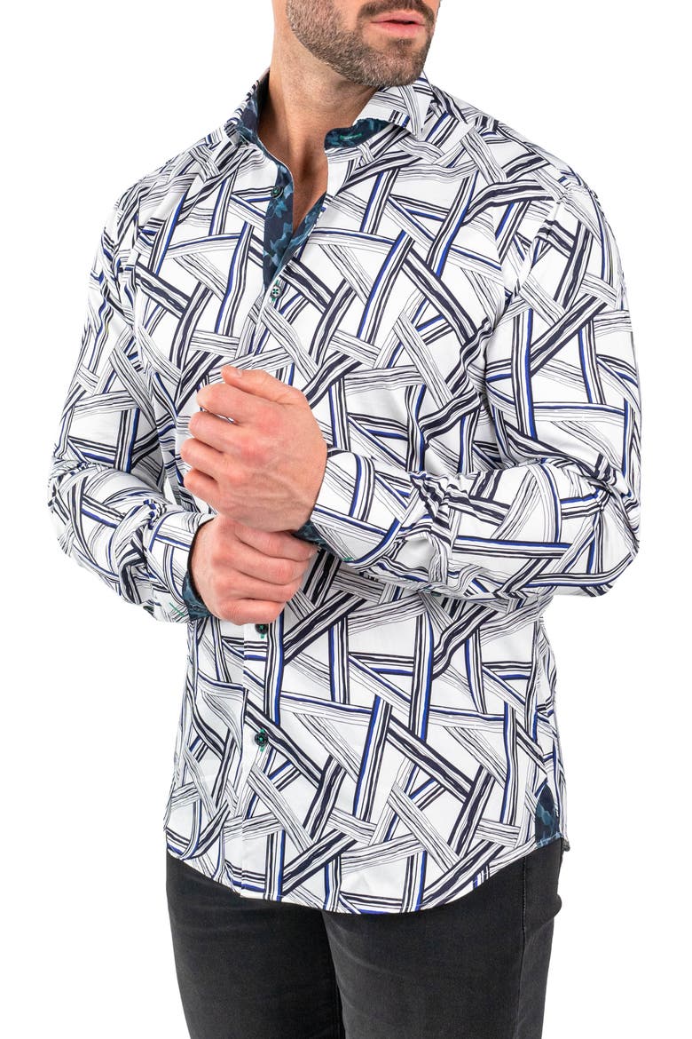 Einstein Bamboo Print Cotton Button-Up Shirt, Alternate, color, BLUE