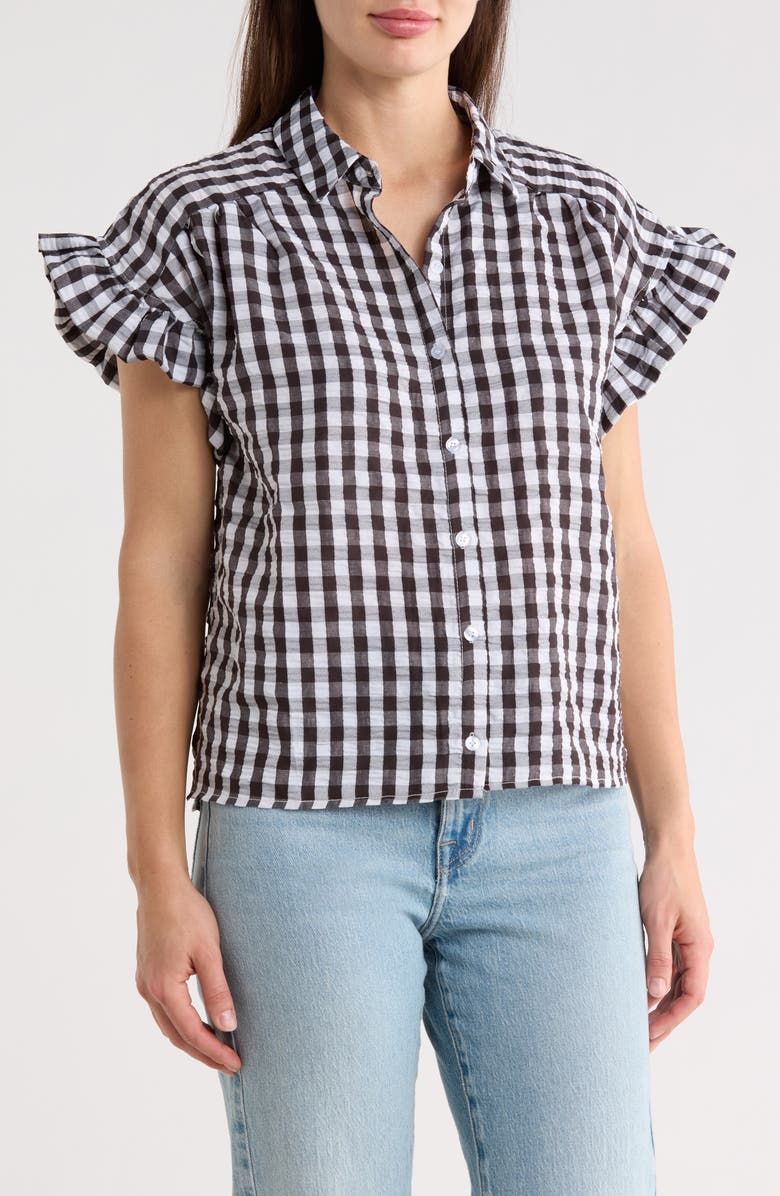 Forgotten Grace Gingham Short Sleeve Seersucker Button-Up Shirt, Main, color, Black/ White