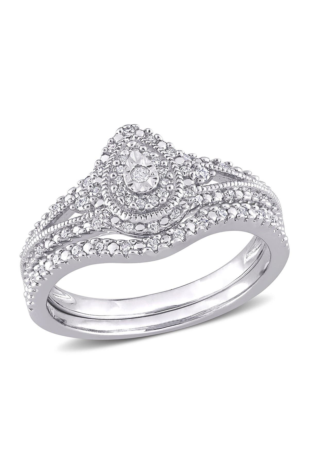 DELMAR Set of 2 Sterling Silver Diamond Halo Bridal Rings - 0.23ct.