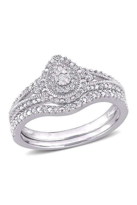 Set of 2 Sterling Silver Diamond Halo Bridal Rings - 0.23ct.