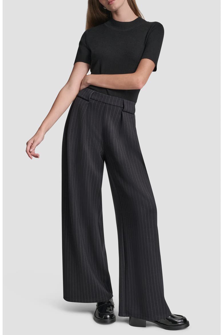 Pinstripe Pleat Front Wide Leg Pants, Alternate, color, BLACK PINSTRIPE