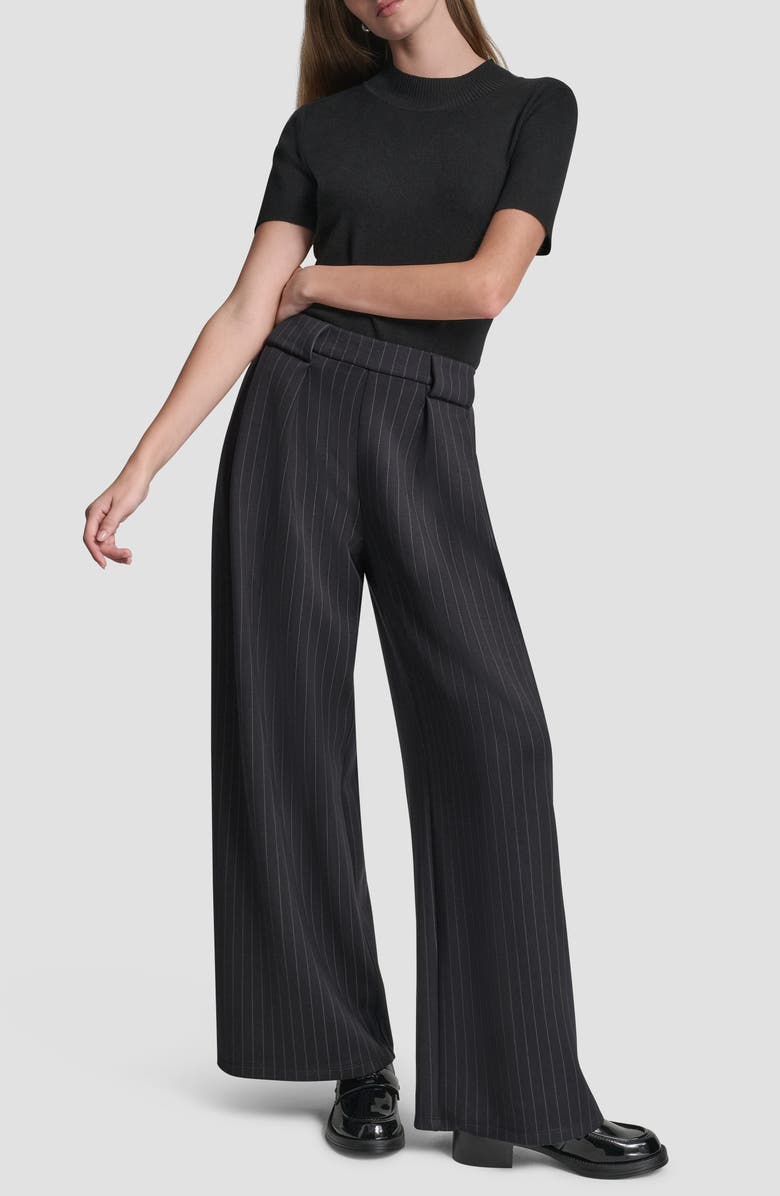 DKNY Pinstripe Pleat Front Wide Leg Pants, Alternate, color, Black Pinstripe