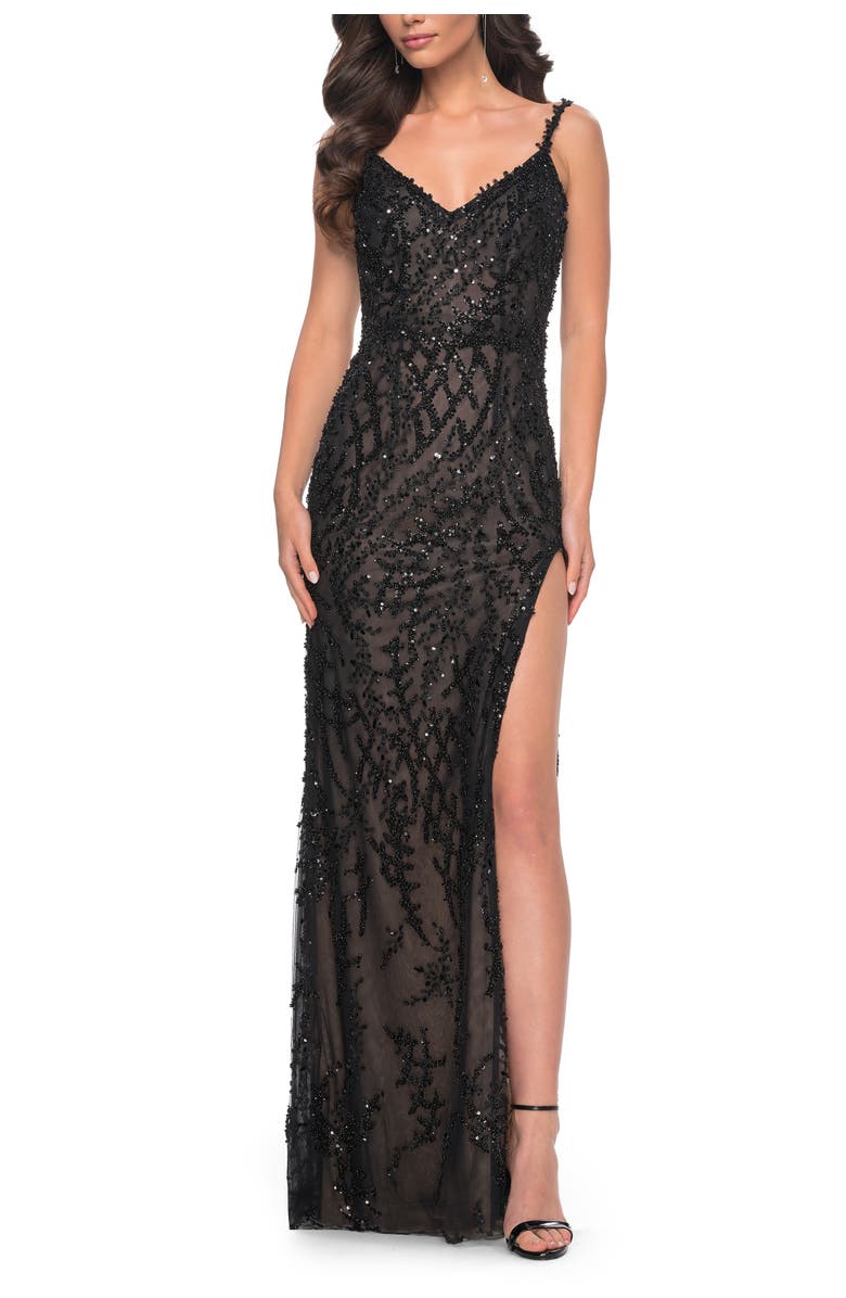 La Femme Beaded Gown with Intricate Design and V Neckline, Main, color,