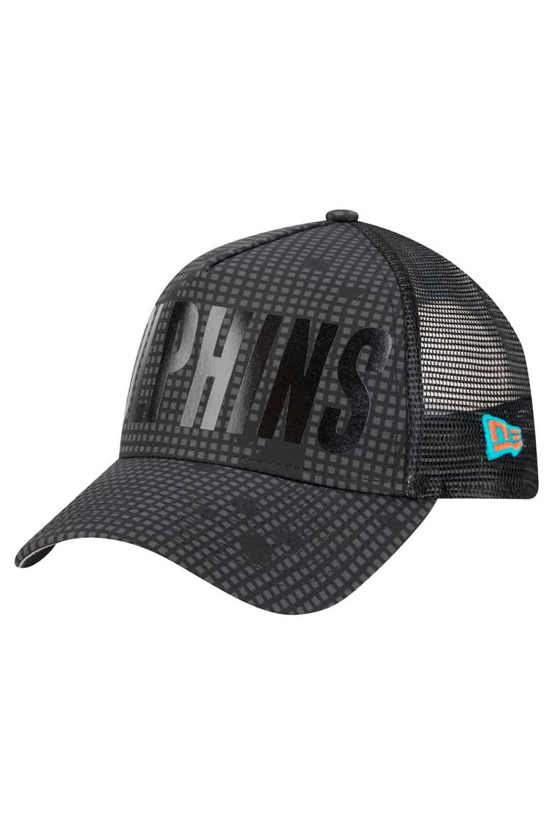 Men's New Era Black Miami Dolphins  Midnight Ink Tonal Text A-Frame Trucker 9FORTY Adjustable Hat, Alternate, color, Black
