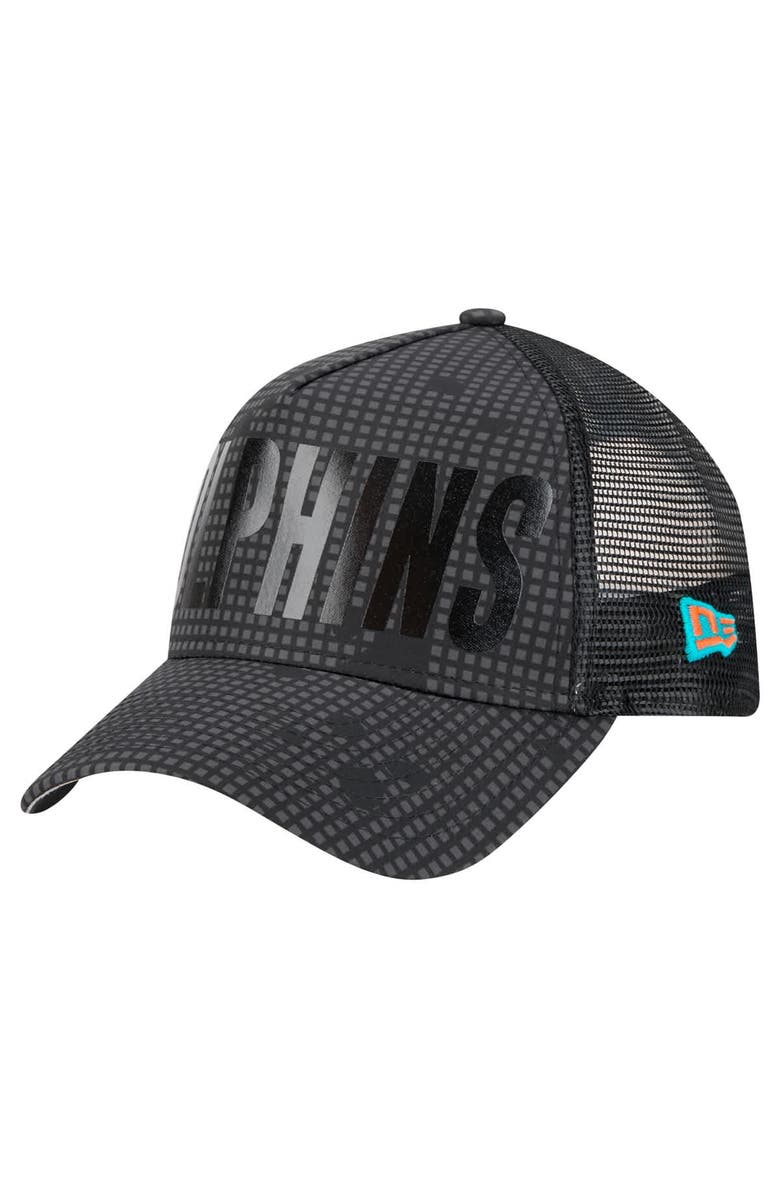 New Era Men's New Era Black Miami Dolphins Midnight Ink Tonal Text A-Frame Trucker 9FORTY Adjustable Hat, Alternate, color, Black