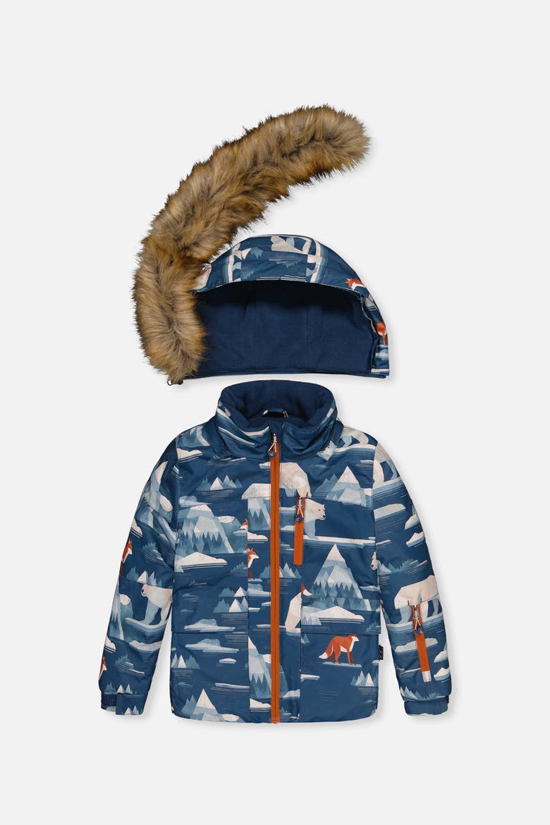 Play Faux Fur Hood Bear Jacket & Pants Two Piece Snowsuit, Alternate, color, Blue Bear Print